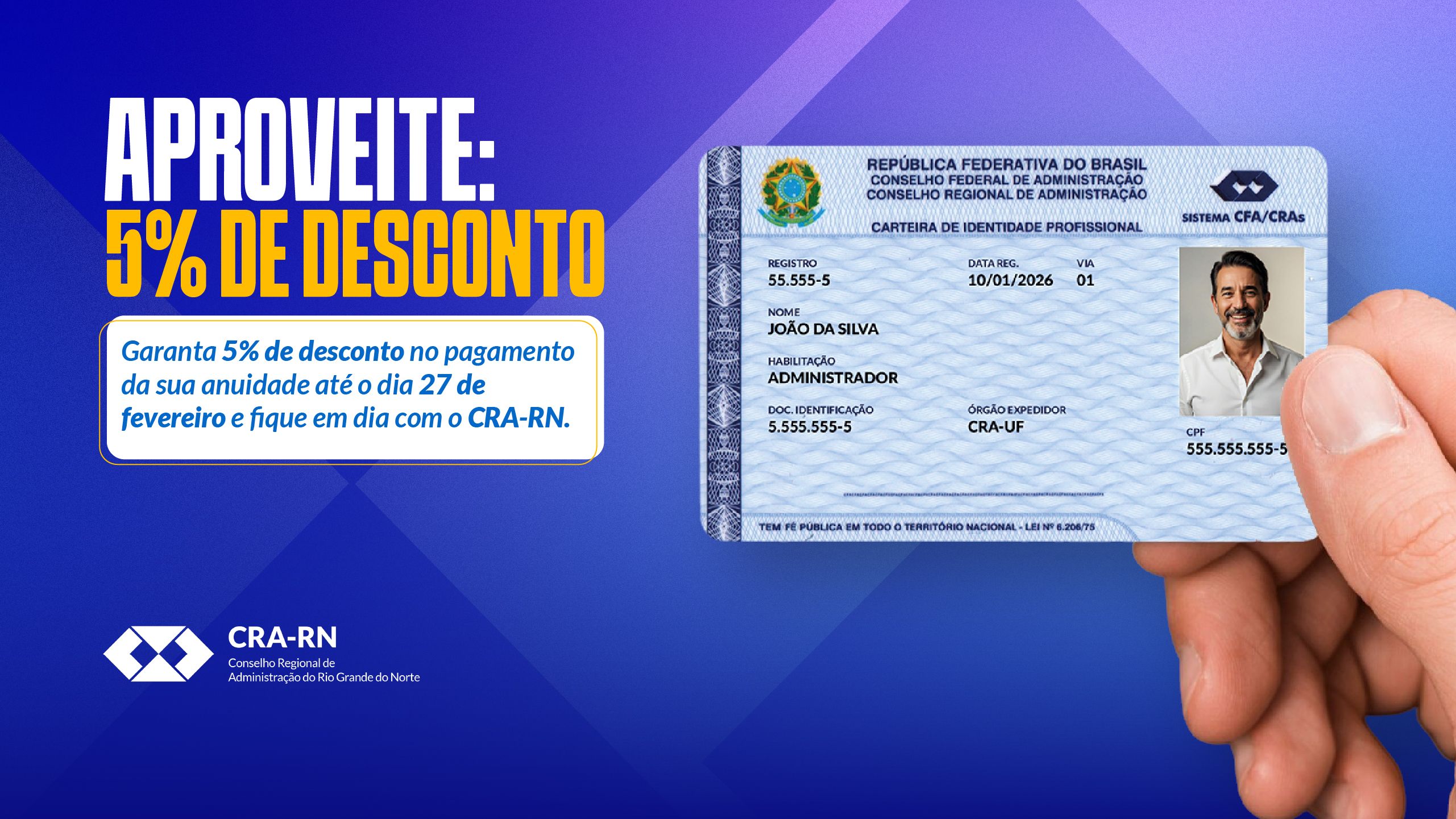 Você está visualizando atualmente Aproveite 5% de desconto no pagamento da sua anuidade até 27 de fevereiro